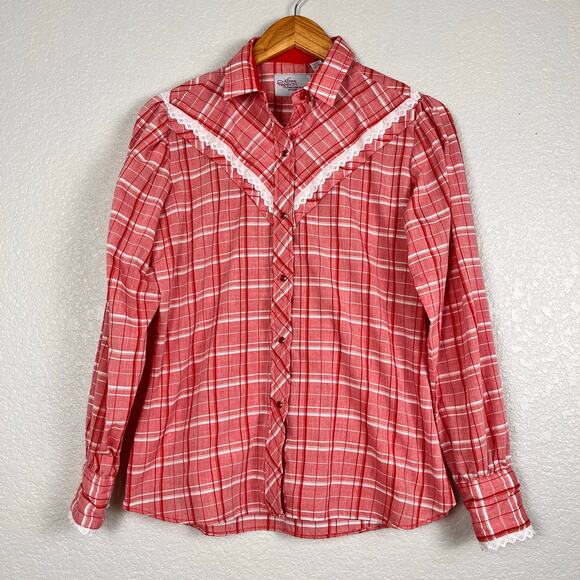 Karman Tops - Vtg 80s Karman x Kenny Rogers Womens Small Western Red Plaid Pearl Snap Shirt